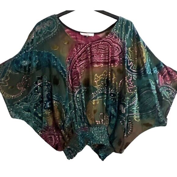 Cache Luxe Top Womens Size S Boho Cape Sleeve Multicolor Sheer LIned Sequin - Picture 1 of 10